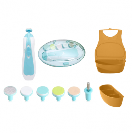 Copii & Bebe - Set Pila de Unghii Profesionala pentru Nou Nascuti si Copii, Electrica, cu Unghiera, 6 Capete Incluse, Incarcare USB si Bavetica din Silicon cu Farfurie si Furculita pentru Diversificare