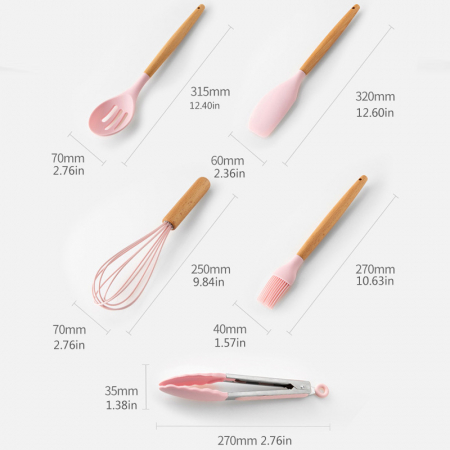 Set 12 Ustensile pentru Bucatarie, Piese Lemn si Silicon Alimentar, Termorezistente, Antiaderente, Suport Blat, Roz + CADOU Aparat pentru Prepararea Suculu Fresh, Storcator de Citrice [6]