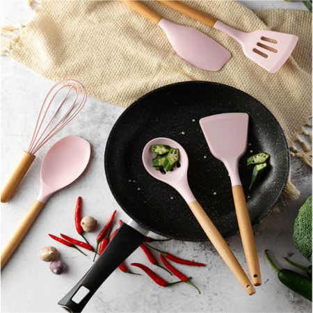 Set 12 Ustensile pentru Bucatarie, Piese Lemn si Silicon Alimentar, Termorezistente, Antiaderente, Suport Blat, Roz + CADOU Aparat pentru Prepararea Suculu Fresh, Storcator de Citrice [2]