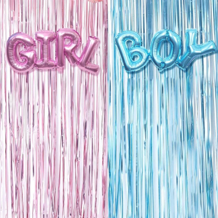 Copii & Bebe - Set 2 bucati de Perdea Decorativa, din Folie Albastru / Roz Metalizat pentru Petreceri Aniversare si Doua Baloane cu Boy si Girl potrivit pentru Gender Reveal, Baby Shower