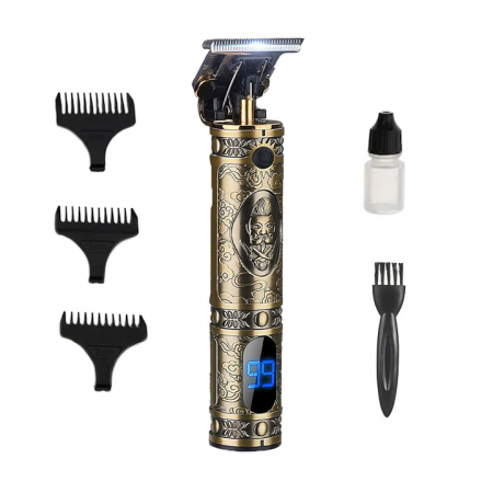 Ingrijire Personala - Aparat de tuns , profesional, fara fir, trimmer cu model si afisaj LED, cu lama T din titan, pentru par si barba, autonomie 120 min, gold chrome