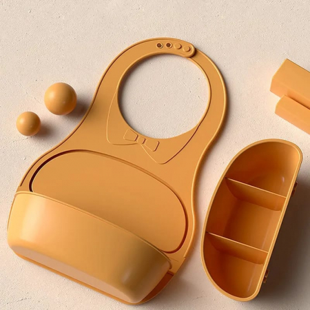 Copii & Bebe - Bavetica din Silicon pentru Diversificare cu Buzunar, Compartimentat, Galben, Furculita