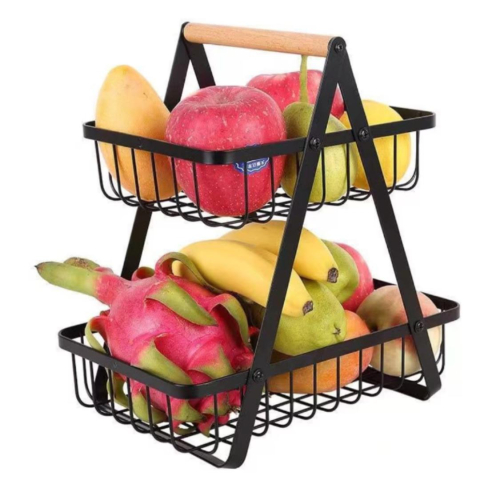 Articole Bucatarie - Cos pentru fructe și legume cu 2 etaje, metal negru cu mâner din lemn, stabil