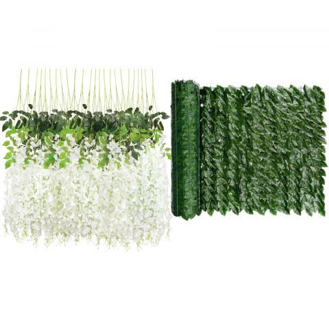 Plante Artificiale - Gard cu frunze artificiale, 300cm x 100 cm + Set 12 bucati planta artificiala curgatoare culoare alb