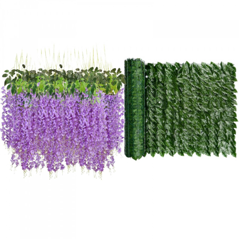 Plante Artificiale - Gard cu frunze artificiale, 300cm x 100 cm + Set 12 bucati planta artificiala curgatoare culoare mov