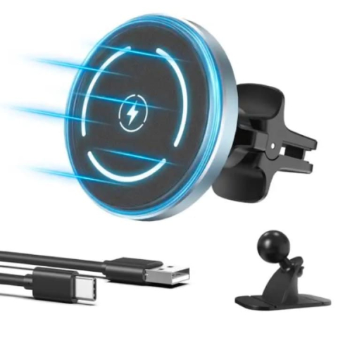 Accesorii Auto - Încărcător auto wireless magnetic 15W Fast Charge MagSafe cu suport ventilație sau bord, iluminare LED, compatibil iPhone, Samsung și Huawei