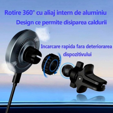 Încărcător auto wireless magnetic 15W Fast Charge MagSafe cu suport ventilație sau bord, iluminare LED, compatibil iPhone, Samsung și Huawei [1]