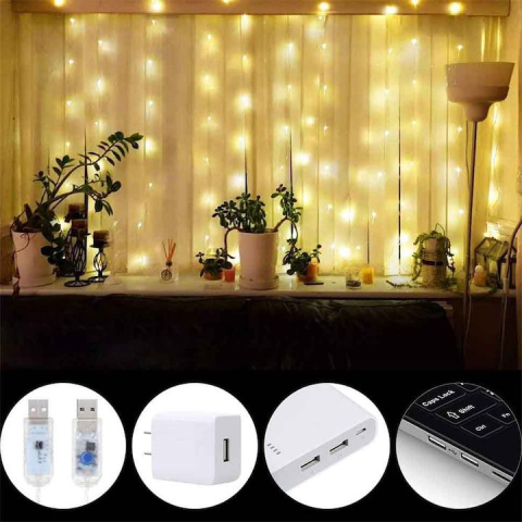 Instalatie de Craciun, tip perdea cu carlige 3x3m, 300 LED-uri Alb Cald, 8 moduri, rezistenta la apa, telecomanda inclusa, USB [2]