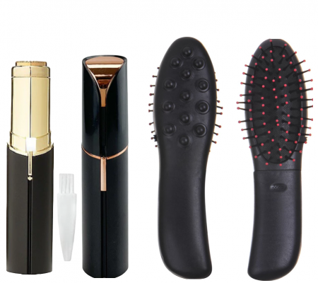 Ingrijire Personala - Kit Pachet Sophia : Perie de Par Electrica cu Vibratii si 2 Functii de Masaj Capilar + Epilator Facial tip Ruj cu Baterie