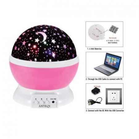 Lampa De Veghe Rotativa - Proiectie Stele si Luna, Pentru Copii, Baterii, Roz [5]