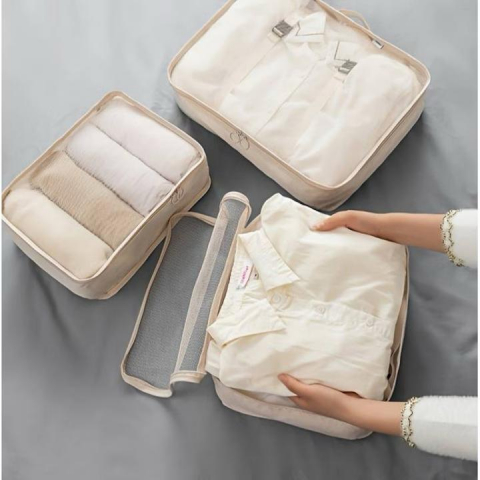 Organizatoare pentru valiza, set 8 huse durabile, impermeabile, cu finisaje calitative, poliester, bej, travel bag [3]