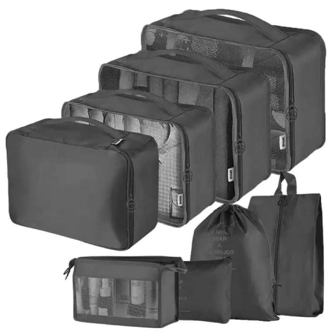 Casa & Gradina - Organizatoare pentru valiza, set 8 huse durabile, impermeabile, cu finisaje calitative, poliester, negru, travel bag