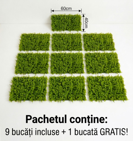 Plante Artificiale - Panou Verde Artificial 60x40 cm – Pachet 9+1 Gratis – Protecție UV, Interior/Exterior