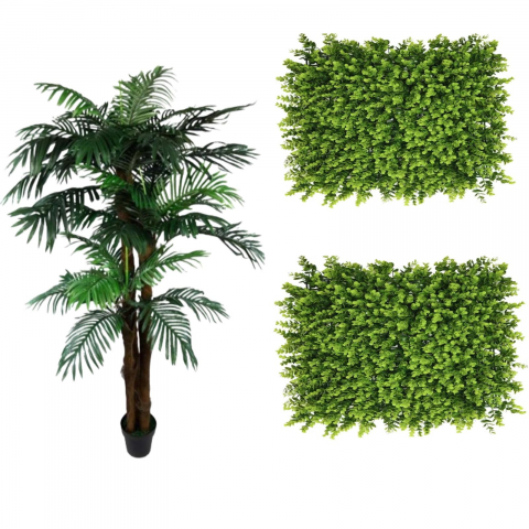 Gradina - Planta artificiala palmier 180 cm + 2x Perete verde artificial 60x40 cm, decor natural pentru interior si exterior