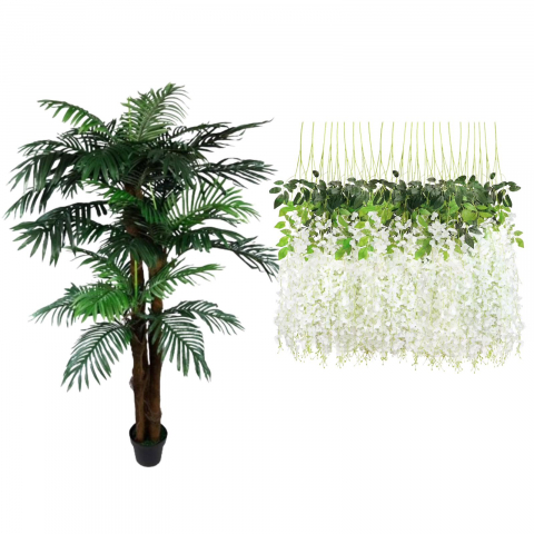 Plante Artificiale - Planta artificiala palmier 180 cm + Set 12 bucati planta artificiala curgatoare culoare alb