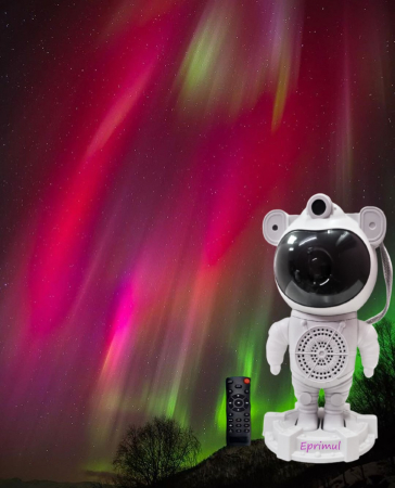 Dormitor/Living - Proiector Laser Astronaut cu Joc de Lumini Aurora Boreala si Stele, Boxa, Sunete Albe, Functie Bluethood, Reglare 360, Timer, Setare Luminozitate, Viteza, Telecomanda