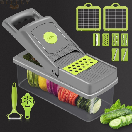 Razatoare Multifunctionala pentru Fructe si Legume , cu 10 Accesorii, Lame din Inox, Negru cu Verde [3]