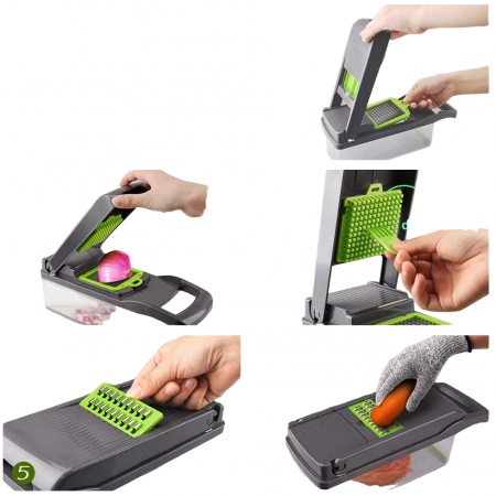 Razatoare Multifunctionala pentru Fructe si Legume , cu 10 Accesorii, Lame din Inox, Negru cu Verde [5]