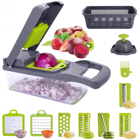Articole Bucatarie - Razatoare Multifunctionala pentru Fructe si Legume , cu 10 Accesorii, Lame din Inox, Negru cu Verde