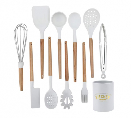Set 10 Ustensile pentru Bucatarie + Bol Depozitare Premium, din Silicon Antiaderent, 11 Piese, Compatibil cu Masina de Sapalat Vase, Albe [2]