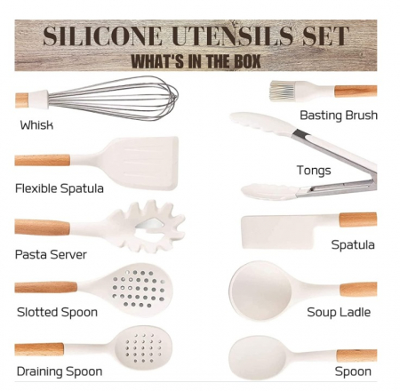 Set 10 Ustensile pentru Bucatarie + Bol Depozitare Premium, din Silicon Antiaderent, 11 Piese, Compatibil cu Masina de Sapalat Vase, Albe [3]