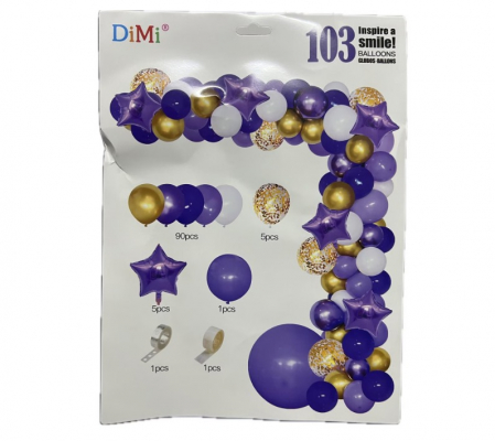 Pachete Avantajoase - Set 103 Baloane si accesorii RoveRim tip Arcada cu Stele, 5 Tipuri de Dimensiuni Diferite, Mov Inchis, Mov Deschis, Auriu