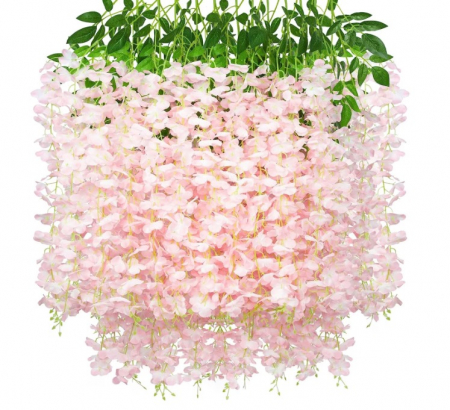 Plante Artificiale - Set 12 Bucati Planta Artificiala Curgatoare Glicina Wisteria ，pentru nunta, petrecere, decor de fundal de perete roz, Lungime 1.1 m