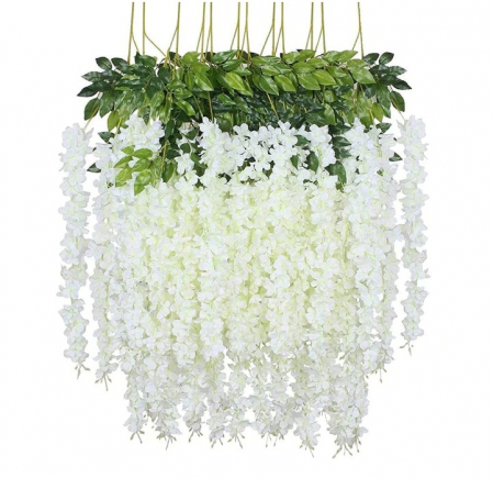 Plante Artificiale - Set 12 plante Artificale, Matase/Plastic, Alb/Verde