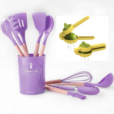 Articole Bucatarie - Set 12 Ustensile pentru Bucatarie, Piese Lemn si Silicon Alimentar, Termorezistente, Antiaderente, Suport Blat, Mov + CADOU Aparat pentru Prepararea Suculu Fresh, Storcator de Citrice