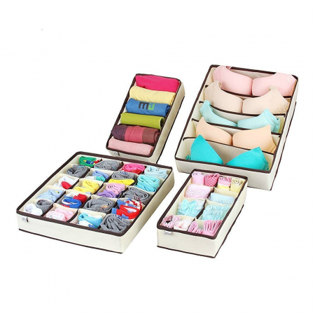 Dormitor/Living - Set 4 Organizator pentru Lenjerie de Corp ,Cutii Depozitare Sosete, 4 Piese, Bej