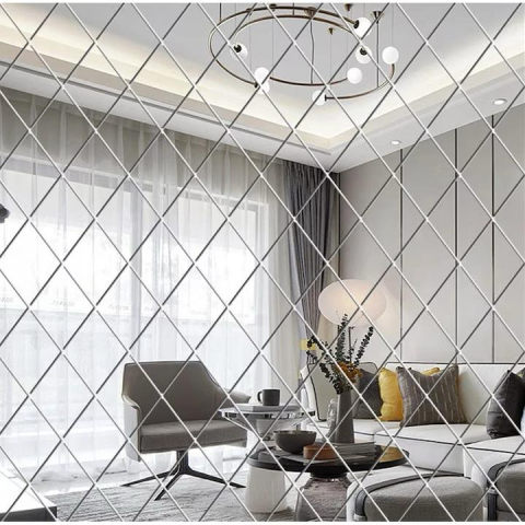 Dormitor/Living - Set 58 Oglinzi Acrilice Autoadezive Luxer , Model Romb, 100x100 cm, 1m², Decor Modern pentru Pereți