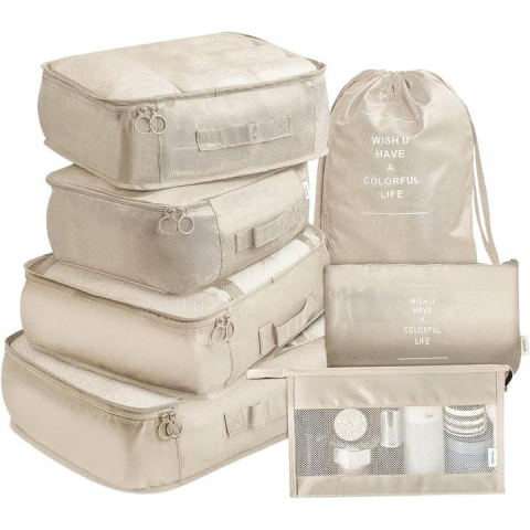 Dormitor/Living - Set 7 organizatoare de bagaje de calatorie, design modern, panza oxford, travel bags, bej