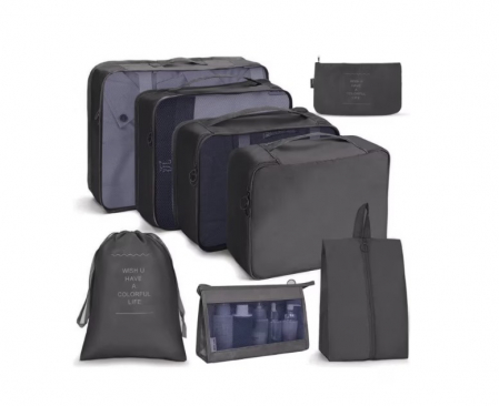Pachete Avantajoase - Set 8 Genti De Calatorie, Pentru Valiza, Pentru Imbracaminte Si Accesorii, Impermeabil, Cu Fermoar, Diferite Dimensiuni, Poliester, Negru