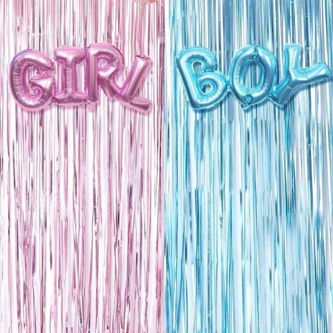 Set decorativ pentru petreceri gender reveal, 2 perdele metalizate albastru/roz, 2 baloane boy & girl [2]