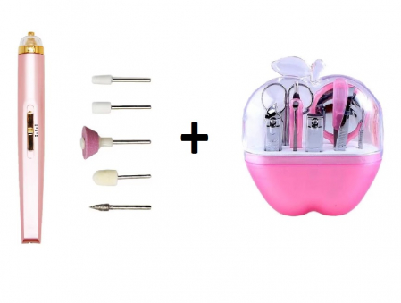 Manichiura - Pedichiura - Set Freză Semi-Profesională Portabilă pentru Unghii, Manichiură și Pedichiură, 5 Capete, USB, Roz + 8 Instrumente pentru Manichiură