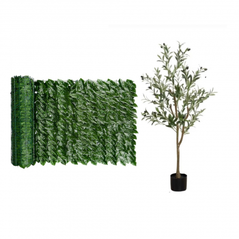 Plante Artificiale - Set Gard Paravan Viu cu Frunze Artificiale, Verde Inchis, 300cm x 100 cm + Maslin Artificial in Ghiveci 150cm