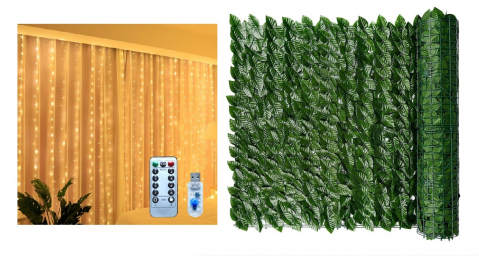 Consumabile Birou - Set Gard Paravan Viu cu Frunze Artificiale, Verde Inchis, 300cm x 100 cm si Instalatie luminoasa tip perdea, 300 LED-uri, 3M x 3M, conectare usb, pentru interior, lumina calda, carlige de prindere