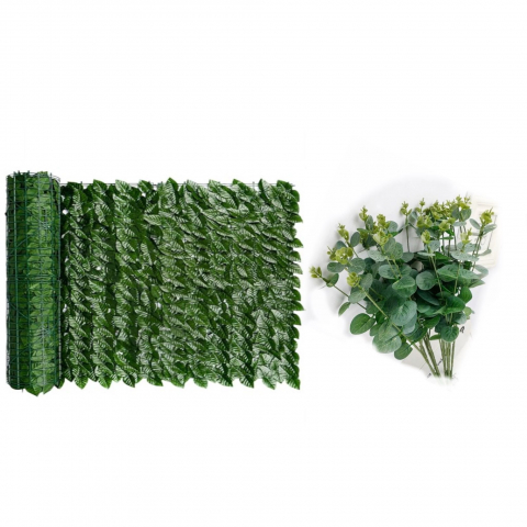 Set Gard Paravan Viu cu Frunze Artificiale, Verde Inchis, 300cm x 100 cm si Set 10 ramuri artificiale de eucalipt, plastic, verde inchis