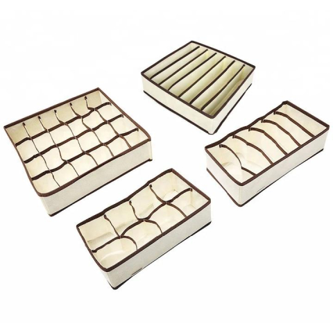 Dormitor/Living - Set Organizator Lenjerie și Șosete – 4 Cutii Depozitare, Placă PP, Culoare Bej, Compartimentare Practică