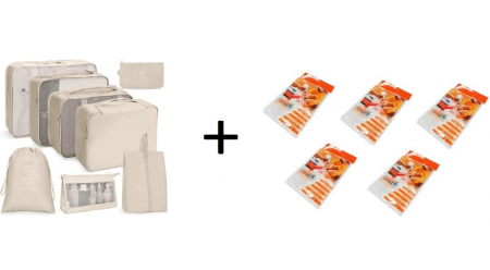 Pachete Avantajoase - Organizator pentru Bagaje Bej + 5 Saci Vidat 40x60