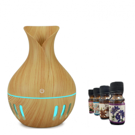 Umidificatoare - Umidificator Silentios, Potrivit pentru Calatorii, Difuzor Aromaterapie, Rezervor 100 ml, Culoare Lemn Deschis Si 4 Uleiuri Esentiale