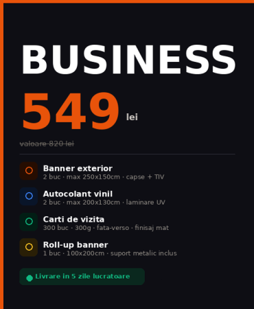Bannere - Pachet NORMAL Business| 2× Banner + 2× Autocolant + Cărți de vizită + Roll-up + Grafică