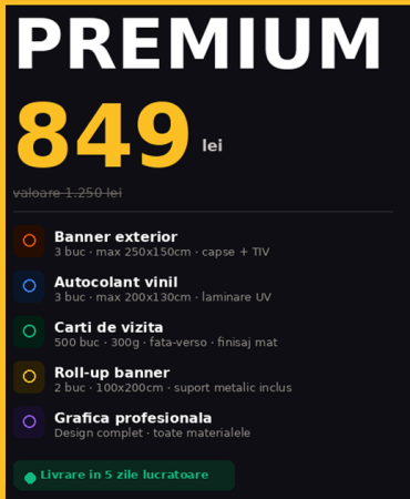 Bannere - Pachet PREMIUM Business | 3× Banner + 3× Autocolant + 500 Cărți de vizită + 2× Roll-up + Grafică