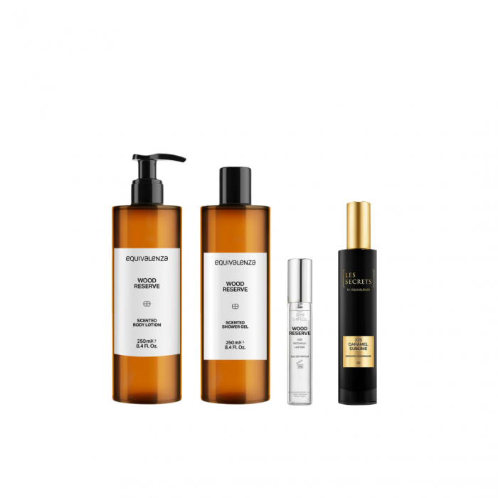 Pachet promo: Caramel Sublime 729, 30ml + Wood Reserve Gel de dus, 250 ml + Lotiune de corp 250 ml + Parfum 12 ml