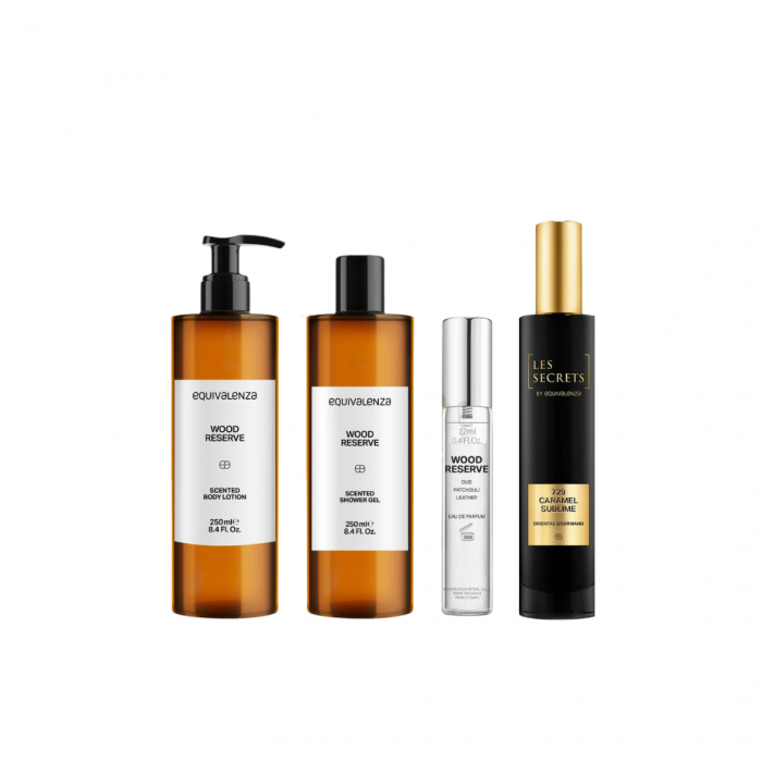 Pachet promo: Caramel Sublime 729, 30ml + Wood Reserve Gel de dus, 250 ml + Lotiune de corp 250 ml + Parfum 12 ml
