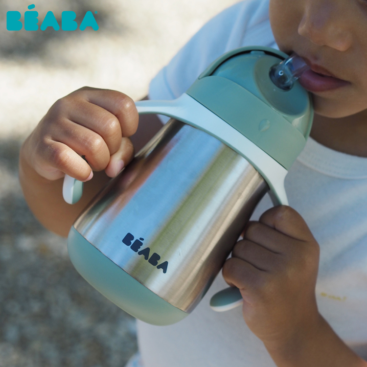 Cana cu pai din inox Beaba 250 ml Sage Green