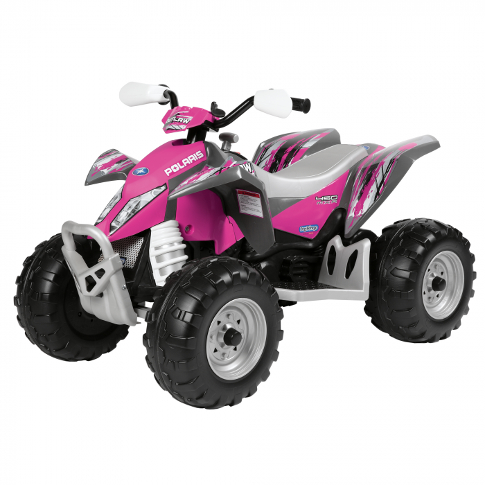 ATV Peg Perego Polaris Outlaw Pink Power, 12V, 3 ani+, Roz Gri La plimbare imagine 2022