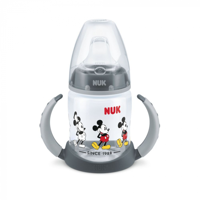 Biberon Nuk First Choice 150ml Cu Toarte Si Adaptor Din Silicon Mickey Gri 6 luni+