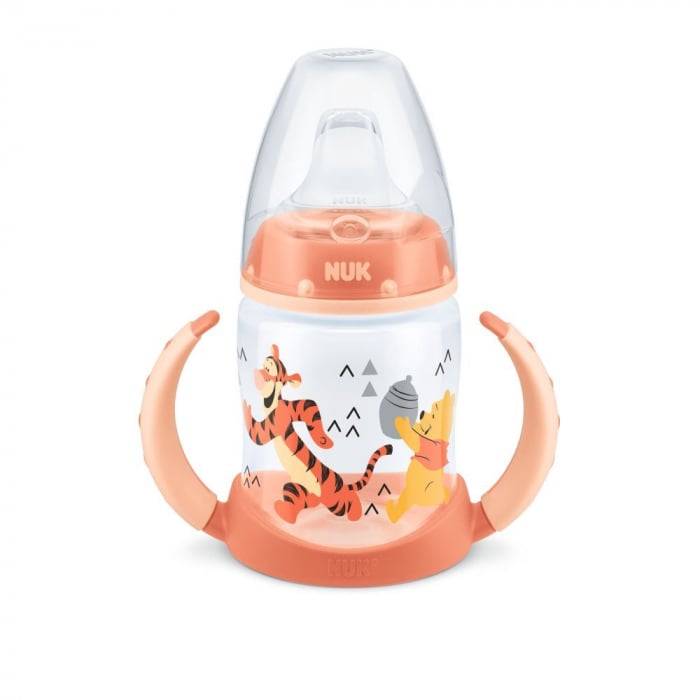 Biberon Nuk First Choice 150ml Cu Toarte Si Adaptor Din Silicon Orange Disney 6 luni+