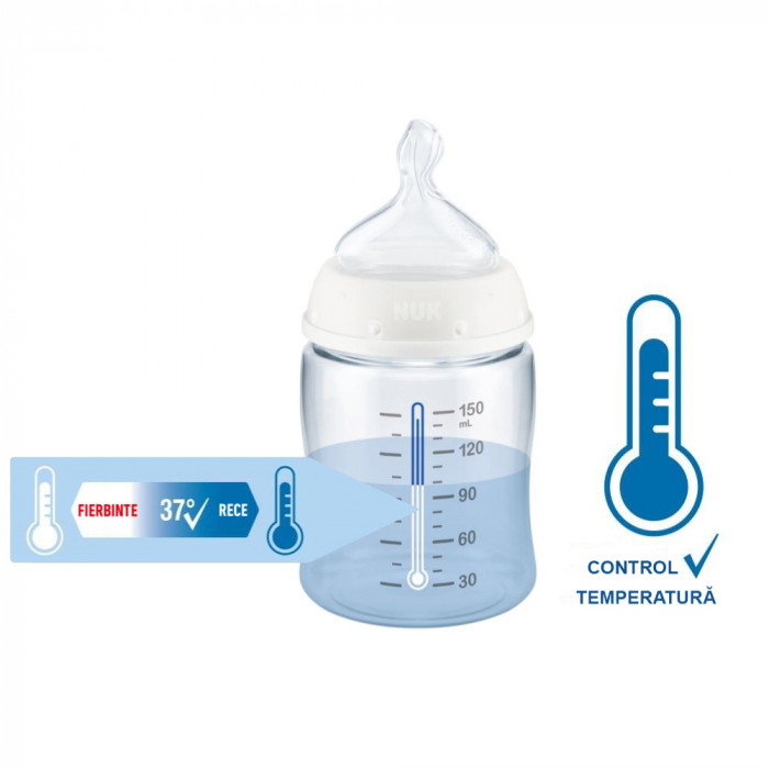 Biberon Nuk First Choice Plus Control Temperatura 150 ml Tetina Silicon M 0-6 luni Bleu